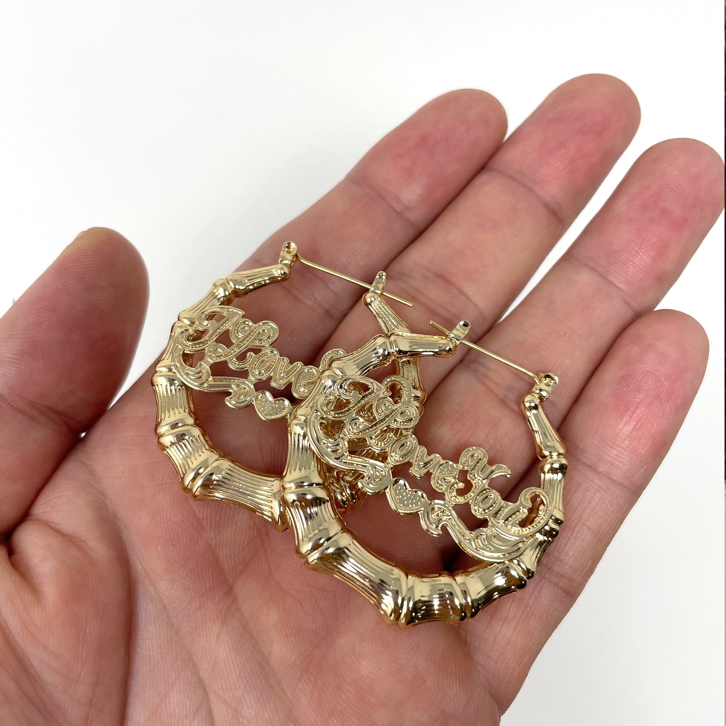 Gold Plated I Love You Round Bamboo Hoop Earrings-35mm