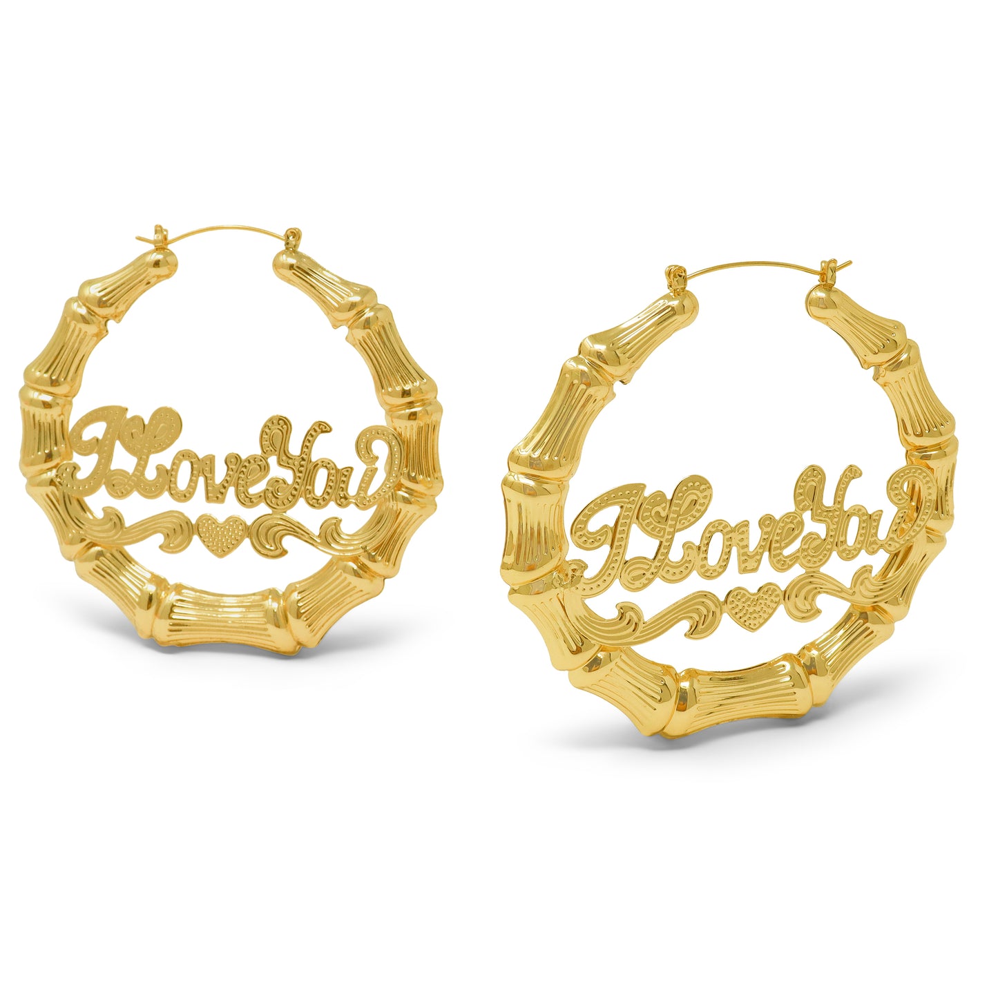 Gold Plated I Love You Round Bamboo Hoop Earrings-50 mm