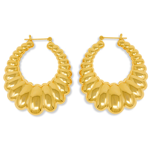 Gold Plated Scalloped Hoop Earrings-Made In USA
